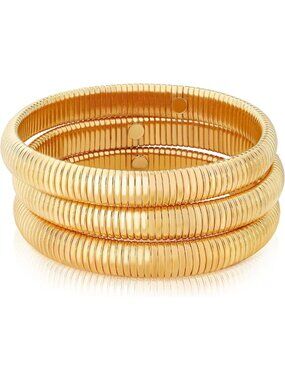 Chunky Gold Beaded Bangle Bracelet Set - Stretchy Snake Link Chain for Wide